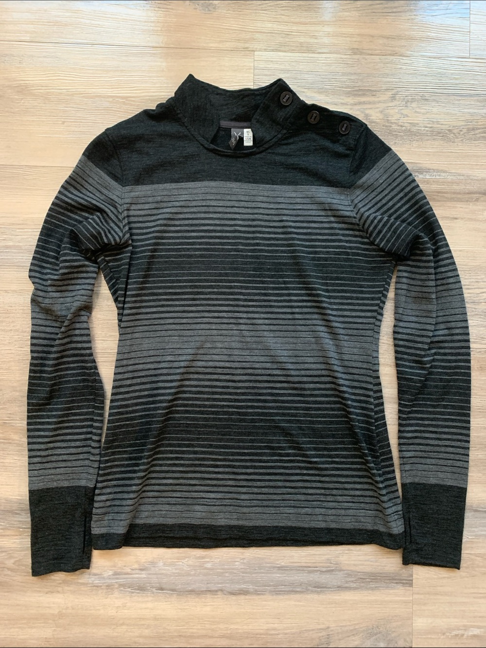 ibex Black and Gray Striped Turtleneck Sweater with Shoulder Buttons Size S